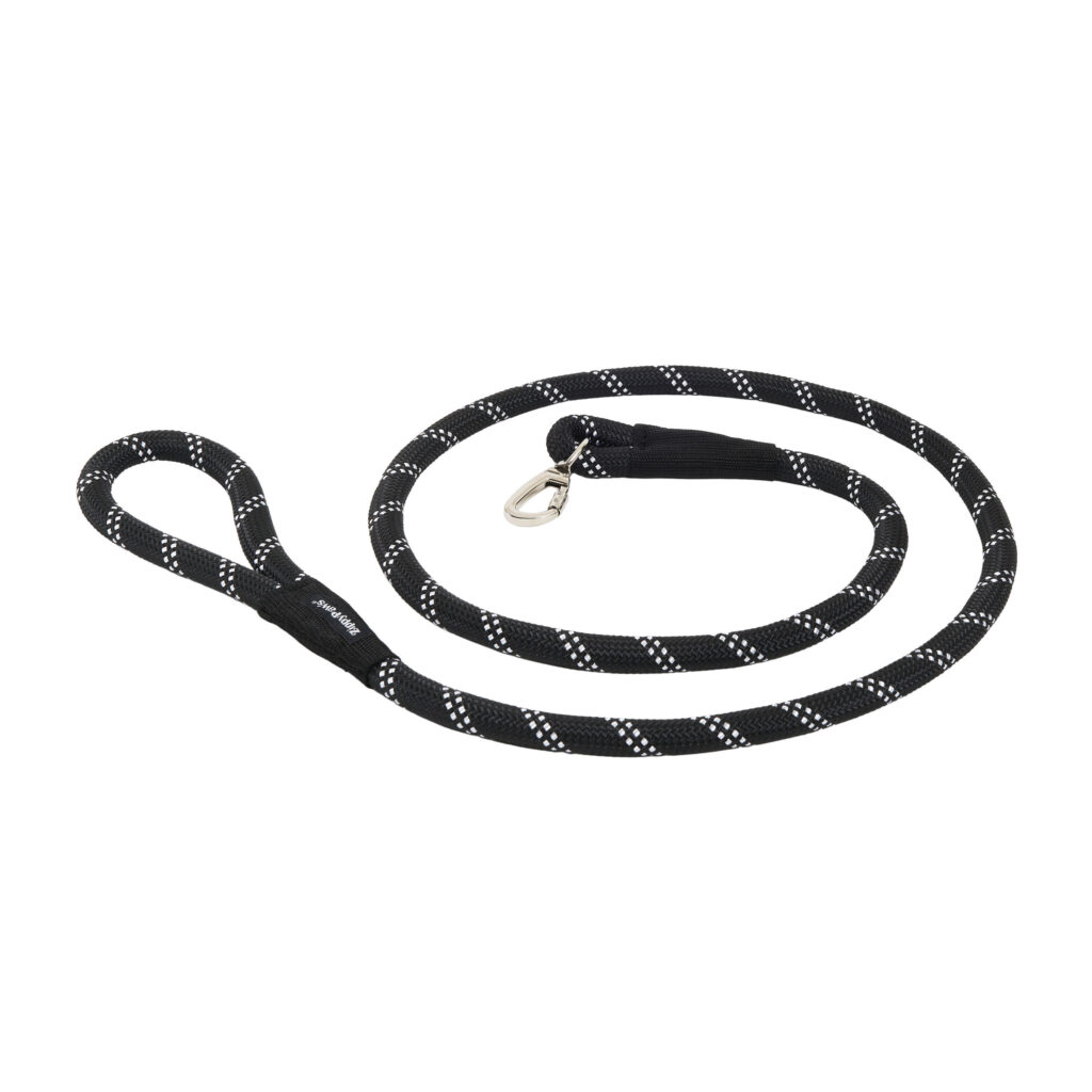 Black and white 6 feet Climbers Dog Leash in a rope style, featuring a loop handle and sturdy metal clasp, coiled neatly on a white background.