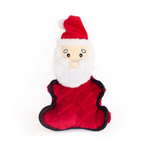A plush toy designed to look like Santa Claus, featuring a red outfit, white beard, and black edge stitching.