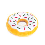 A plush donut toy with yellow exterior and white top, decorated with red and green sprinkles.