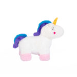 A plush toy unicorn with a white body, pink hooves, blue and purple mane and tail, and a yellow horn.