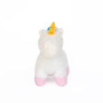 A small white plush unicorn with a yellow horn and pink hooves is centered against a plain white background.