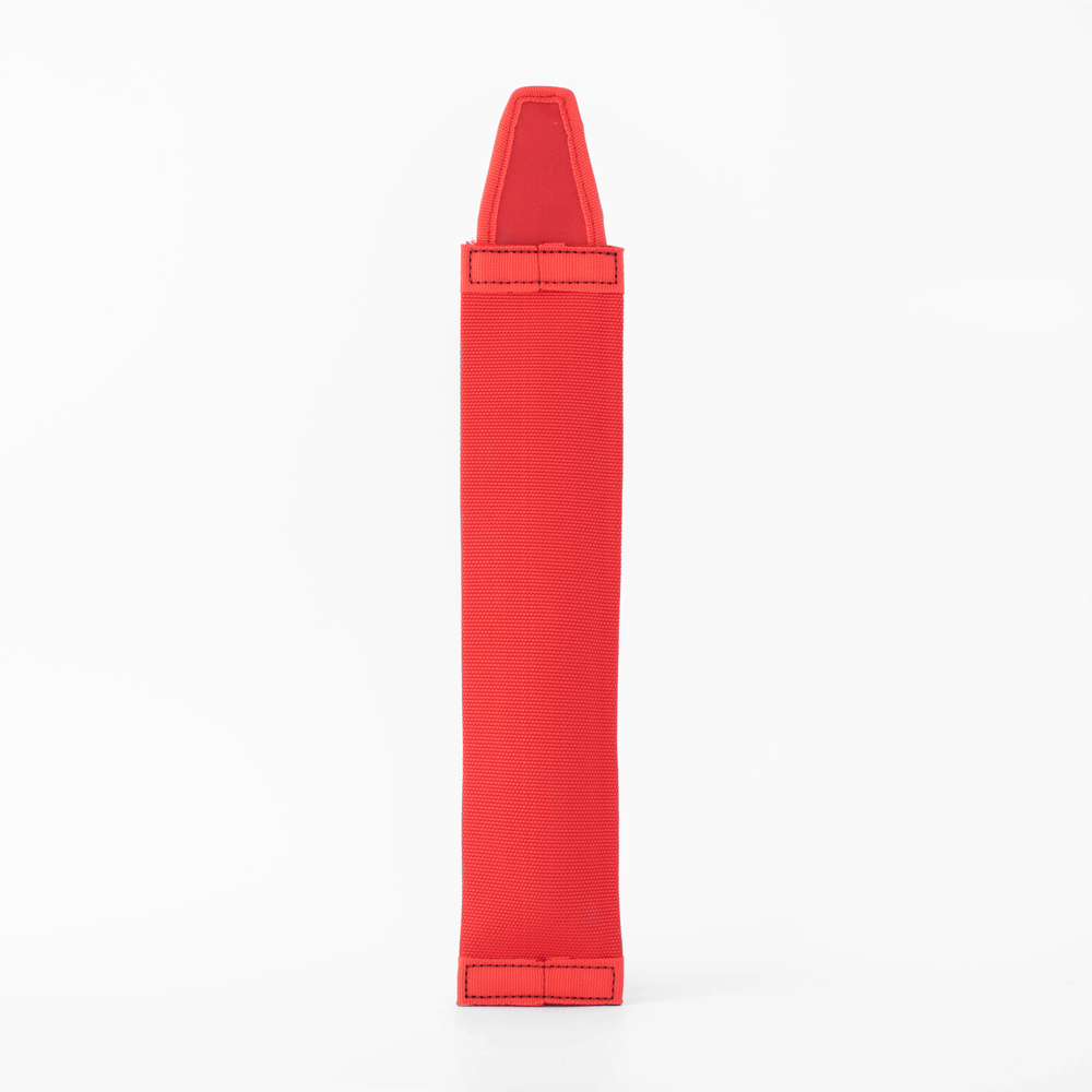 A red, rectangular fabric object with stitched edges, viewed from the front against a white background.