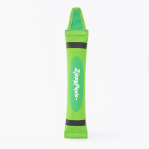 A green, elongated pet toy with the ZippyPaws logo on it. The toy has two black bands near the ends and a handle at the top.