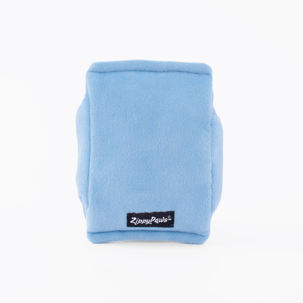 A blue, rectangular plush dog toy with a black label that reads "ZippyPaws.