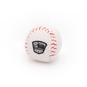 White spherical dog toy with red stitching resembling a baseball, featuring a black patch with the text "SportsBallz - Baseball.