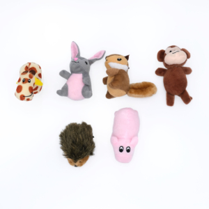Six Miniz Multipack toys are arranged on a white background, including a giraffe, rabbit, chipmunk, monkey, hedgehog, and pig.