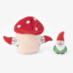 Two stuffed toys are shown: one resembling a mushroom with red and white cap and gnome-like designs on its sides, and the other resembling a gnome with a red hat, white beard, and green outfit.