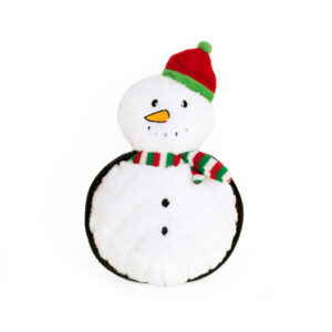 A plush snowman toy wearing a red and green hat and a striped scarf, with a smiling face and buttons on its body.