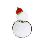Plush snowman with a red and green knit hat and a striped scarf, seen from the back.