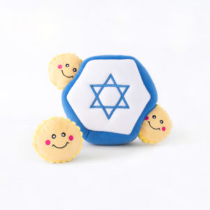 A plush toy featuring a blue and white hexagon with a Star of David in the center and three attached yellow circles with smiling faces.