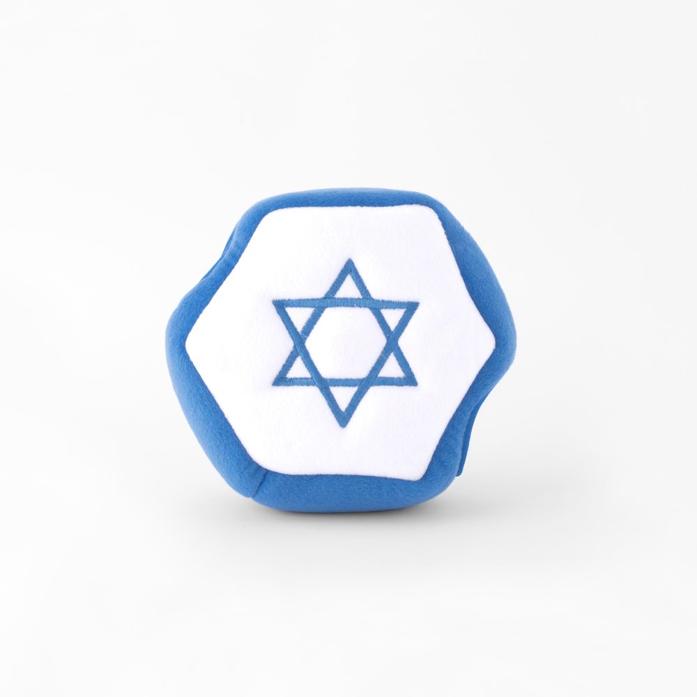 A hexagonal blue and white plush toy with a blue Star of David symbol in the center.