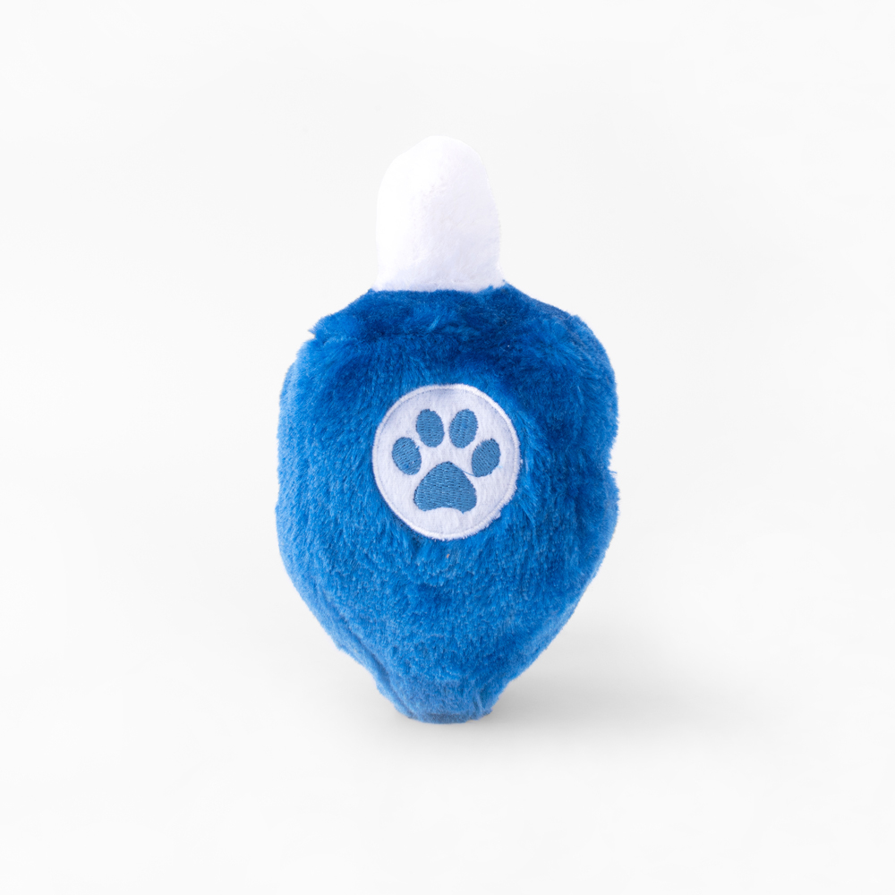 Blue plush toy with a white top and a paw print emblem on one side.