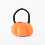 A small, orange, plush bag shaped like a pumpkin with a black handle on a white background.