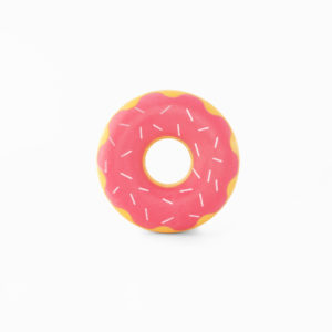 A donut-shaped object with pink icing and white sprinkles against a white background.