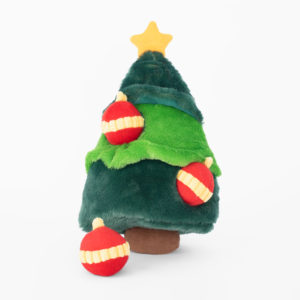 A plush toy Christmas tree with three red and yellow ornaments and a yellow star on top.