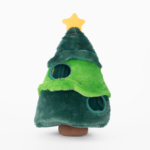Plush green Christmas tree toy with a star on top and two circular holes, designed for pets.