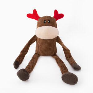 A plush toy resembling a brown moose with red antlers, extended arms and legs, and a neutral facial expression.