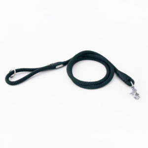 A coiled black rope dog leash with a handle loop and a metal clip on a white background.