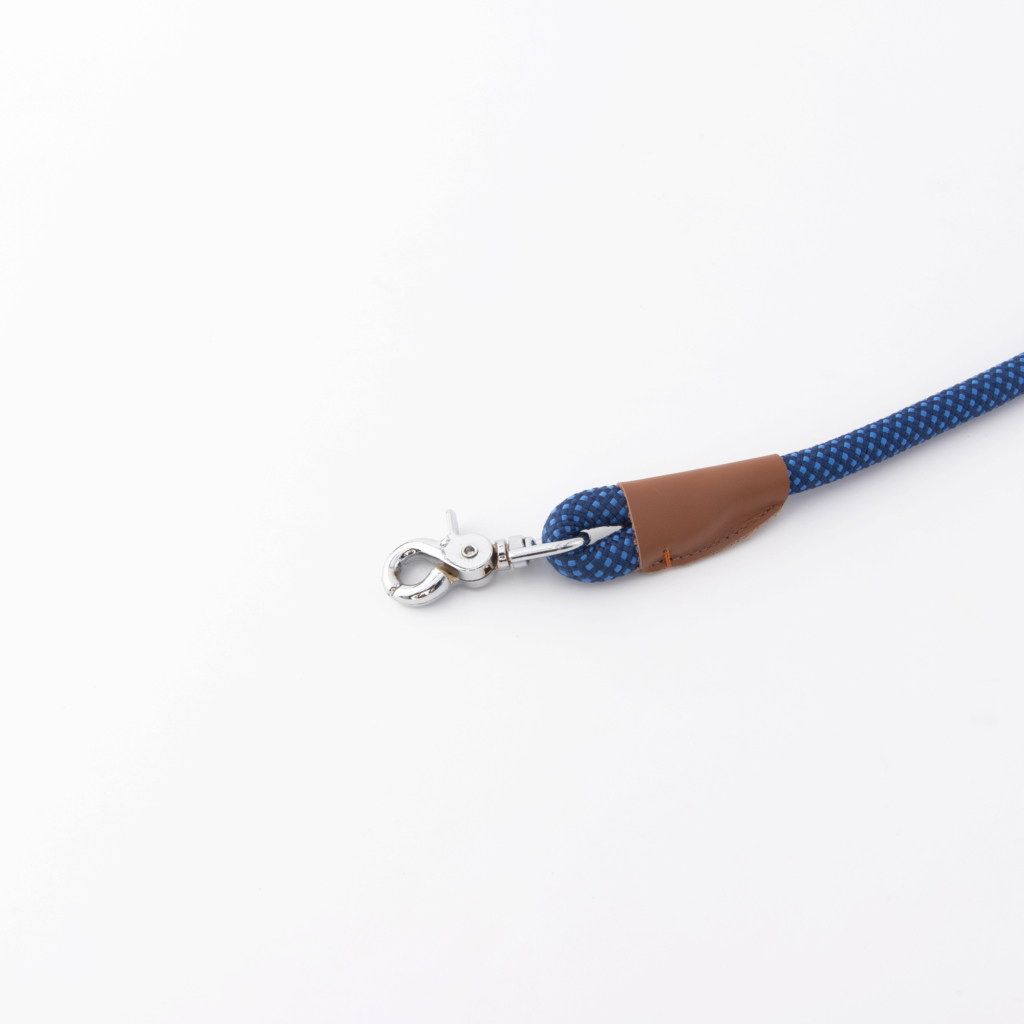 A blue rope lanyard with a silver clip and brown leather accent on a white background.