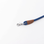 A blue rope lanyard with a silver clip and brown leather accent on a white background.