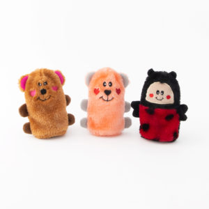 Three plush finger puppets are displayed in a row. From left to right, a bear, a cat, and a ladybug all with smiling faces and colorful designs.