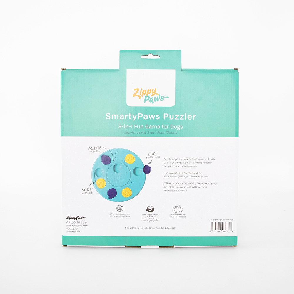 Back of Packaging for the SmartyPaws Puzzler