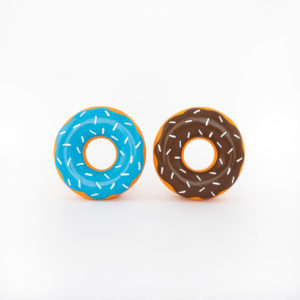 Two Latex Donutz 2-Pack Chocolate & Blueberry inflatables, one with blue icing and white sprinkles, and the other with chocolate icing and white sprinkles, set against a plain white background.