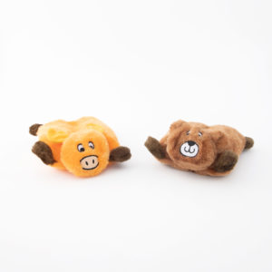Two plush toys of animals with cartoon faces are placed side by side on a white background. The left toy is orange, and the right toy is brown.
