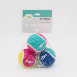 Pack of four colorful ZippyPaws ZippyBallz squeaky dog toys in a mesh bag, with a label indicating "Squeaky Dog Toy" and "Three Toys Included" in English and French.