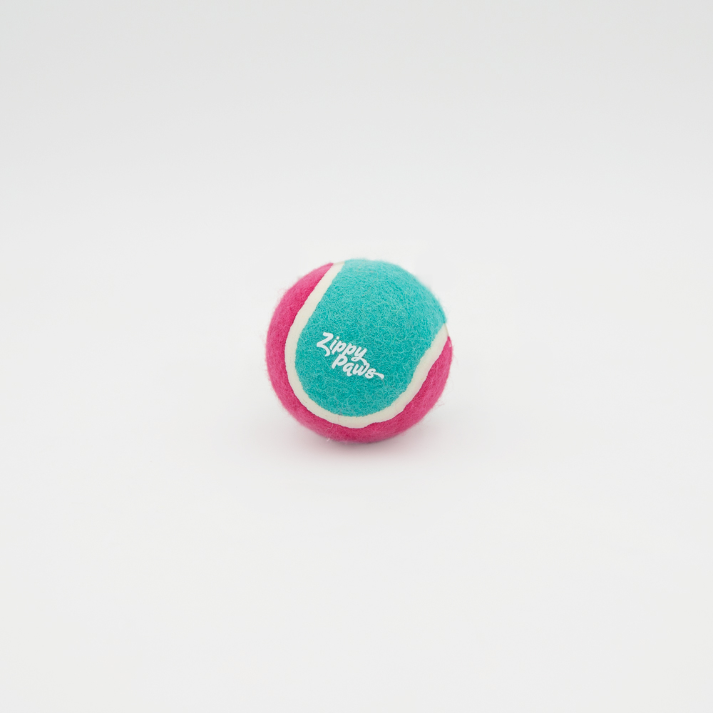 A green and pink tennis ball with the brand name "ZippyPaws" printed on it, placed against a plain white background.
