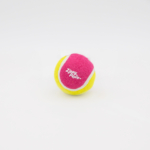 A bright yellow and pink tennis ball for dogs with the text "Zippy Paws" printed on it, set against a plain white background.