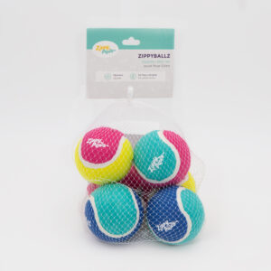 A mesh bag containing six colorful dog tennis balls labeled "Zippy Paws ZippyBallz," with a tag indicating squeaks and bounces.