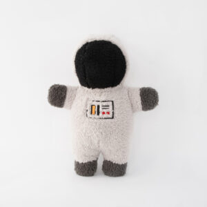 Plush toy in a white and gray spacesuit with a black face, featuring a control panel design on the front, against a plain white background.