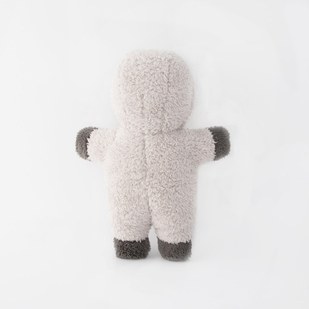A small, fluffy toy bear with light grey fur and dark grey hands and feet, standing against a white background.