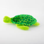 A plush toy turtle with a green body and a patterned shell on a white background.
