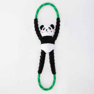 A plush panda toy with outstretched arms and legs attached to a green and white polka-dotted looped rope, on a white background.
