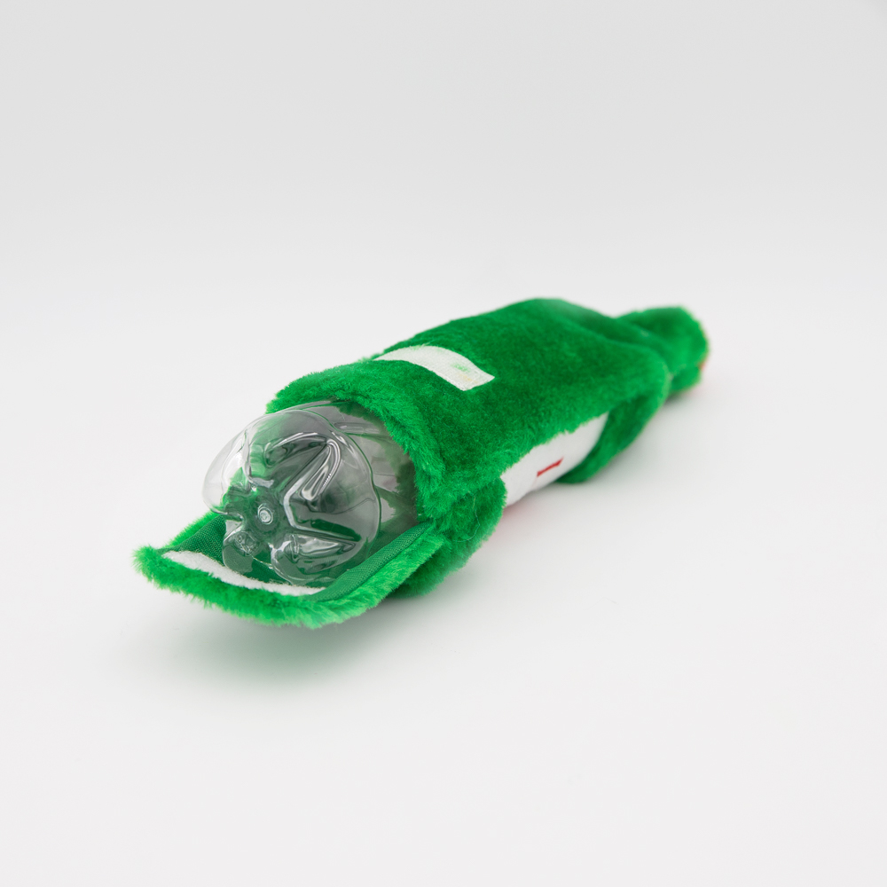 A plastic bottle covered in a green, plush material resembling a sleeve.