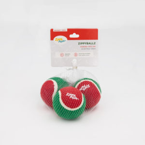 A set of three red, green, and white squeaky dog tennis balls packaged in a mesh bag with a ZippyPaws label.