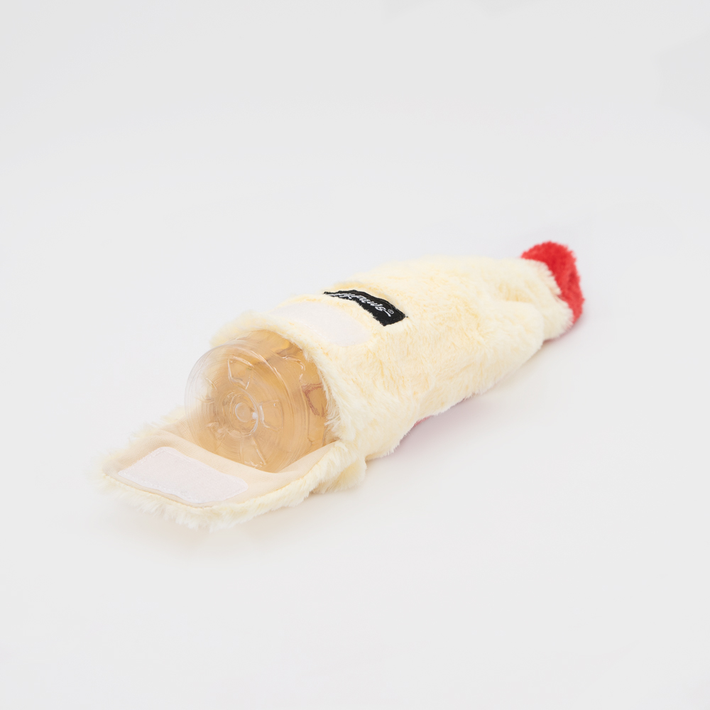 A plush dog toy designed to look like a bottle with a fabric cover and a patch of Velcro.