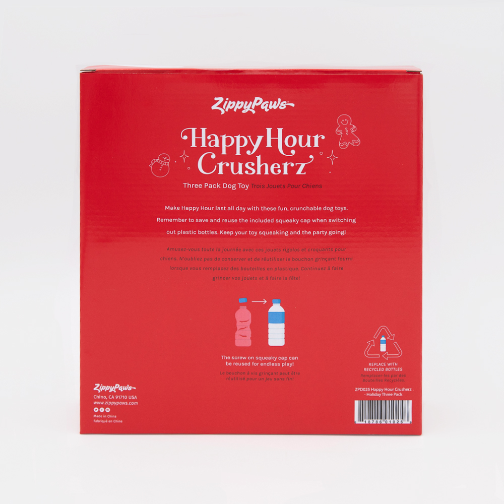 Red ZippyPaws Happy Hour Crusherz dog toy packaging, detailing information about the toy's features, including a reusable bottle inside and an added squeaky cap.