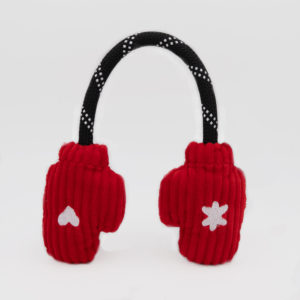 Red knitted earmuffs with black and white checkered band, featuring white heart and snowflake symbols on each ear cover, against a plain background.