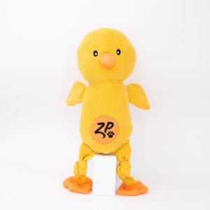 Plush yellow duck toy with an orange beak, wings, and feet. The toy has a logo with "ZP" and a paw print on its belly.