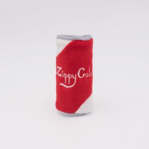 A red and white fuzzy sleeve with "Zippy Cola" embroidered on it, standing upright on a light gray background.