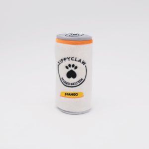 A plush toy shaped like a can of hard seltzer with "Zippy Claw Hard Seltzer" and "Mango" written on it. The toy is colored in white and gray with an orange rim at the top.
