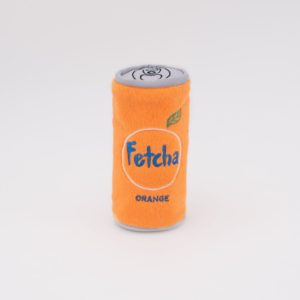 An orange cylindrical plush toy designed to resemble a soda can with the word "Fetch" and an orange graphic on it.