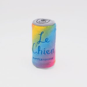 A colorful, cylindrical plush toy with the text "Le Chien" and "Pupplemousse" written on it.