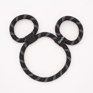 A black rope dog toy with three circular loops, designed to resemble a mouse head silhouette with ears. The rope is marked with small, evenly spaced reflective dots.