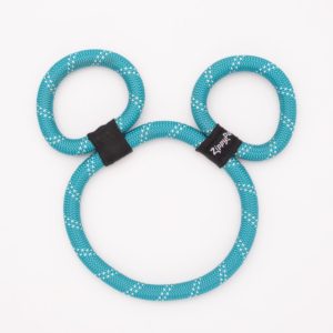 A blue and white dotted dog toy resembling Mickey Mouse ears. The toy has two small loops for ears and a larger loop for the head, connected with two black bands.
