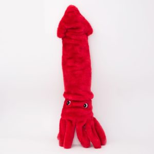 Red plush squid toy with two black eyes and multiple tentacles, set against a plain white background.