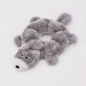 A round, plush toy in the shape of a gray wolf, lying flat on a white background. The toy has a hollow center and detailed facial features.
